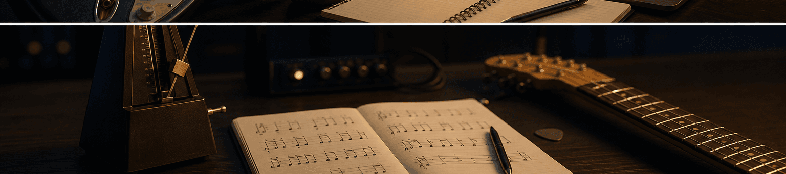 Metrónomo, cuaderno y guitarra preparados para una sesión de práctica